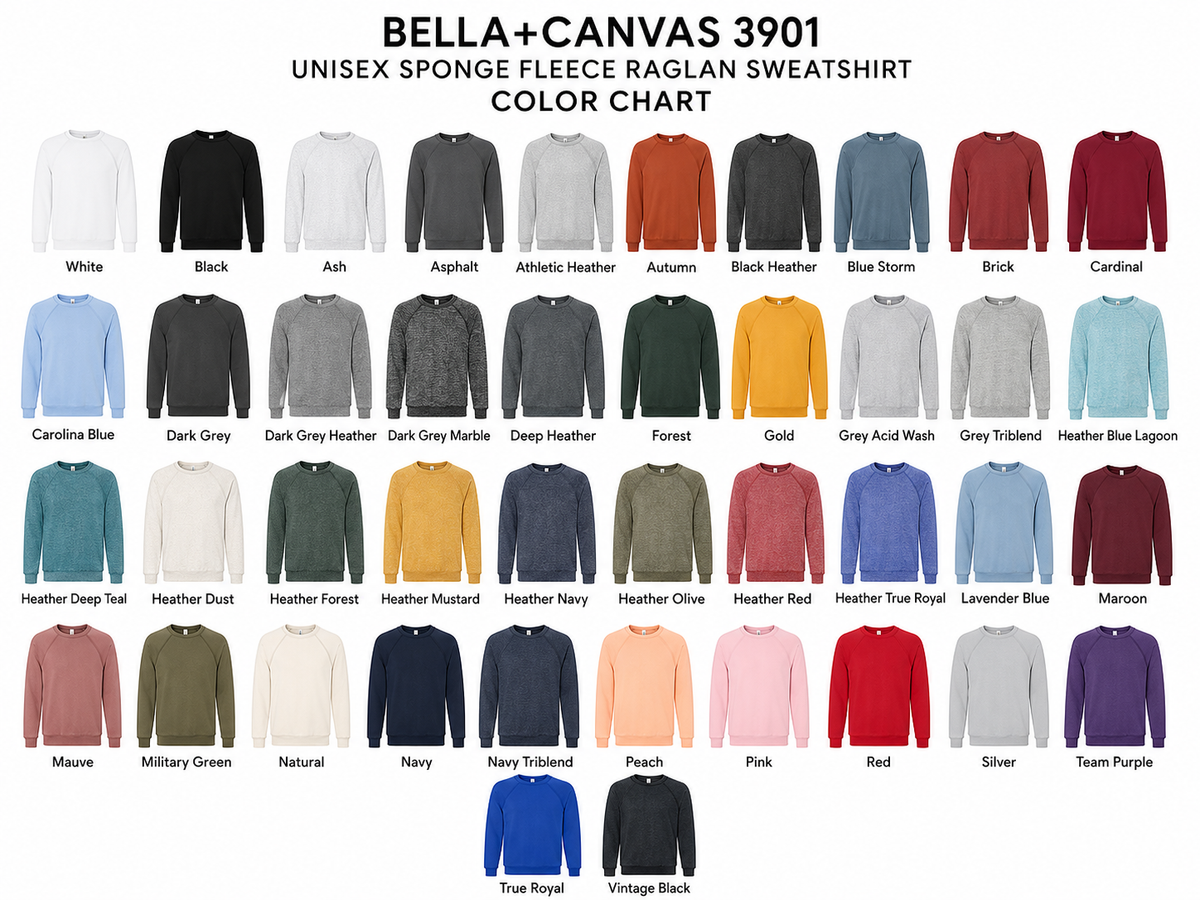 A color chart for the Bella+Canvas 3901 unisex fleece raglan sweatshirt, showing many color options arranged in rows with each sweatshirt labeled underneath on a white background.