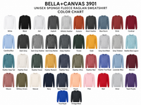 A color chart for the Bella+Canvas 3901 unisex fleece raglan sweatshirt, showing many color options arranged in rows with each sweatshirt labeled underneath on a white background.