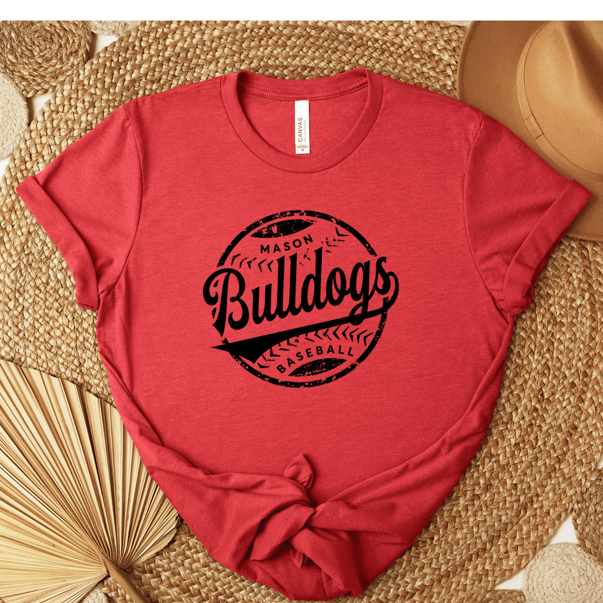 Distressed Mason Bulldog Baseball Tee, Red