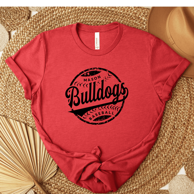 Distressed Mason Bulldog Baseball Tee, Red