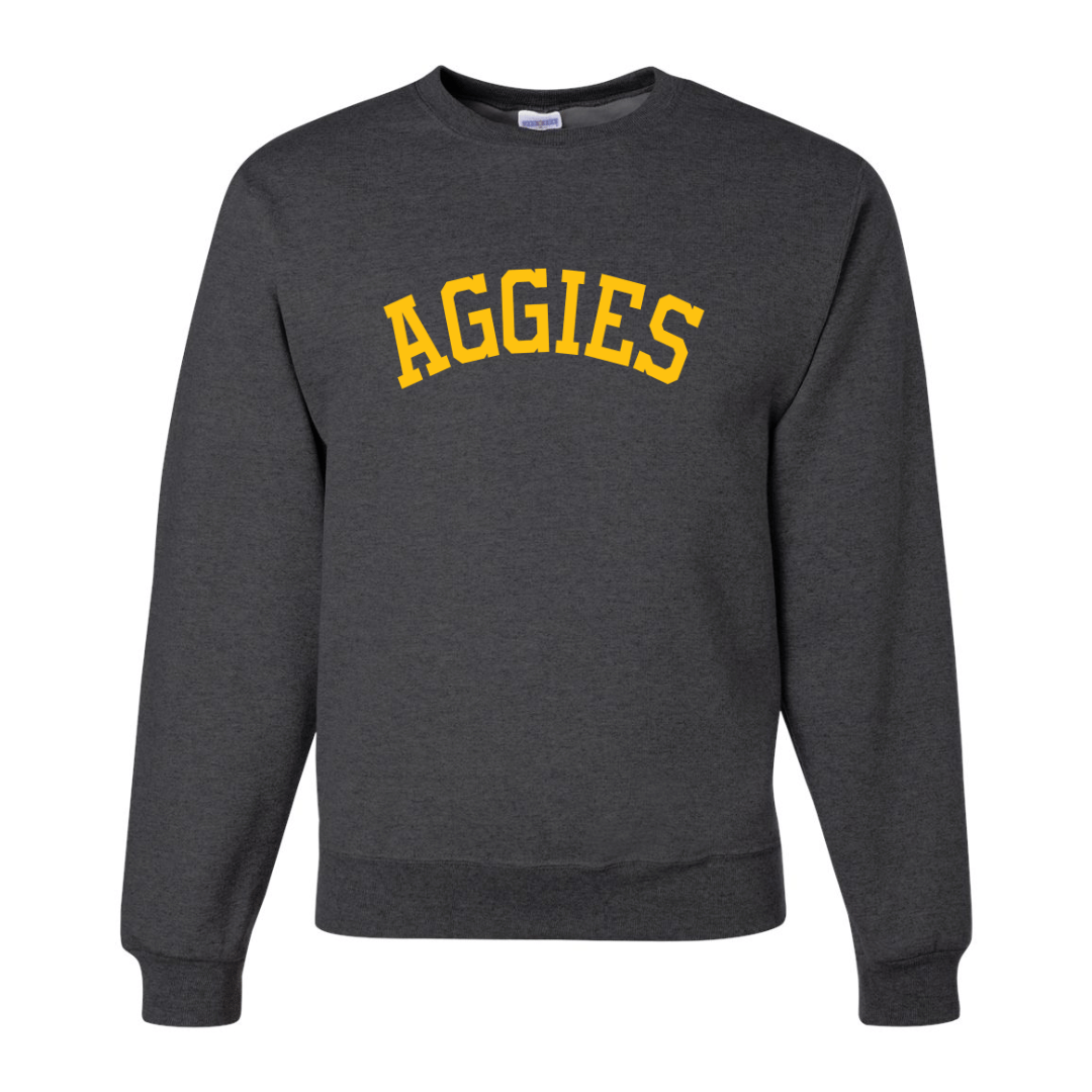 Gray sweatshirt with 'AGGIES' printed in yellow on a white background